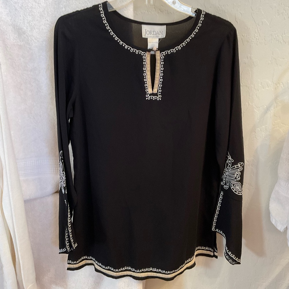 Vintage Stunning Jordan Embroidered Semi Sheer Fancy Top, Butterfly on sleeves